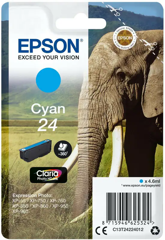 Original Epson 24 T2422 cyan Elefant XP55 XP750 XP760 XP850 o.V.