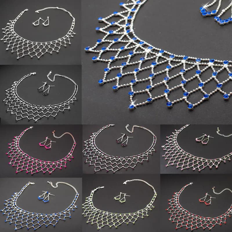 Schmuckset Collier + Ohrringe Strass Brautschmuck Halskette Damen Silberfarben
