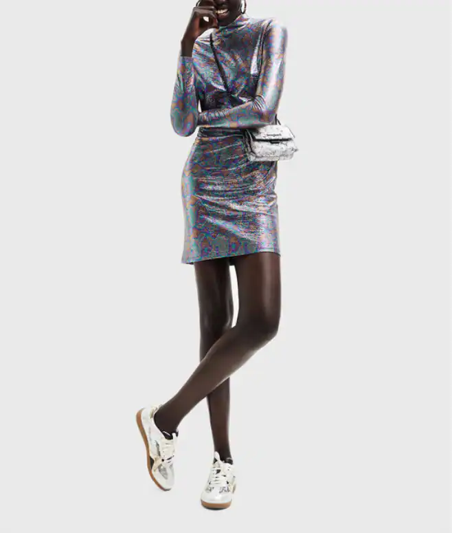 Desigual Damen Kleid Luna Silber Metallic Effekt Slim Etuikleid 22WWVK62