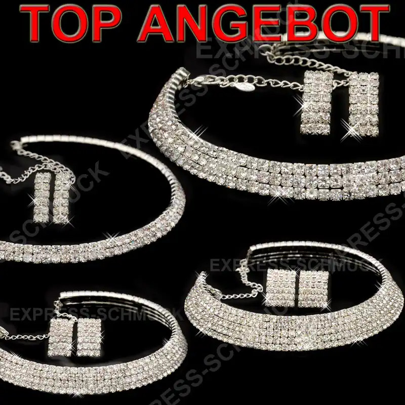 Halskette Collier Halsreif Strass Party Schmuck mit + ohne Ohrringe Bling Neu