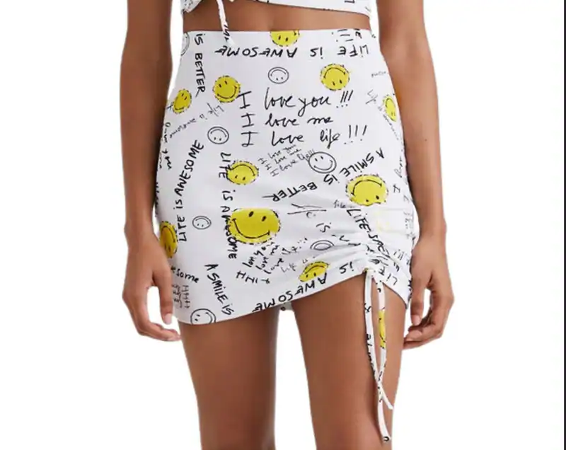 Desigual X Smiley Damen Rock Weiß Print Stretch Kurz 22SWFKX0