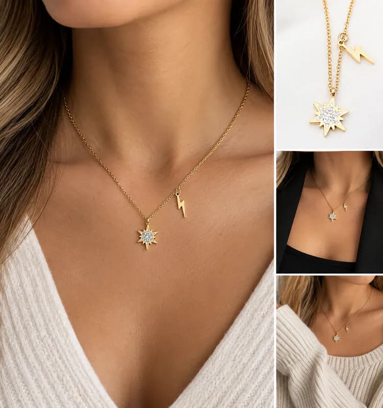 Damen Halskette Edelstahl Goldfarben Strass Stern Blitz Anhänger Kette Schmuck