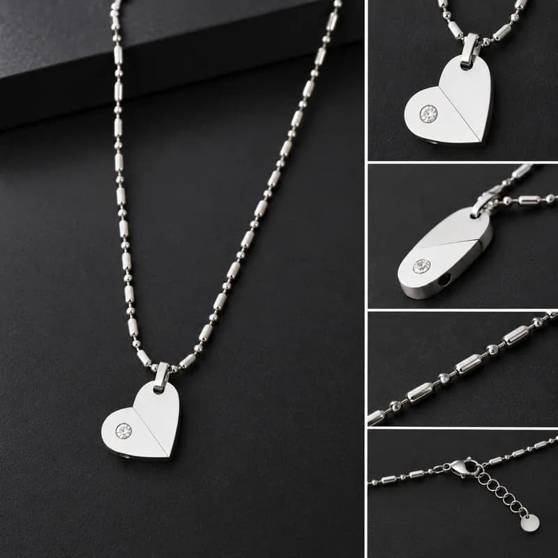 Herz Halskette Edelstahl Silberfarben Strass Anhänger Damen Herren Kette Schmuck