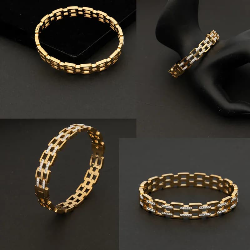 Edelstahl Damen Armreif Armband Goldfarben Kettenmuster Strass Schmuck Geschenk