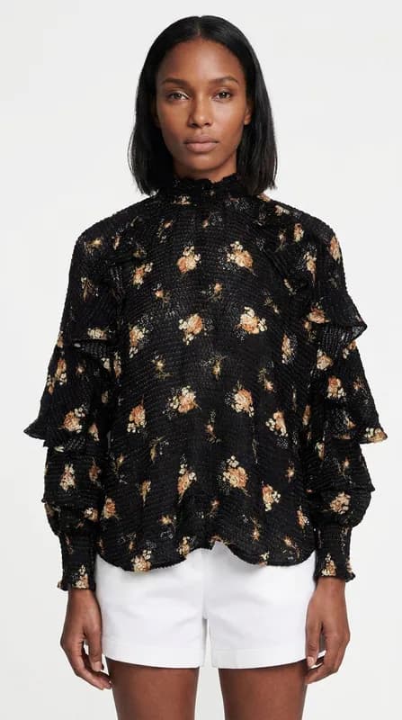 Maje Damen Bluse Schwarz Blumenprint Rüschen Größe 38 FR MFPT000448