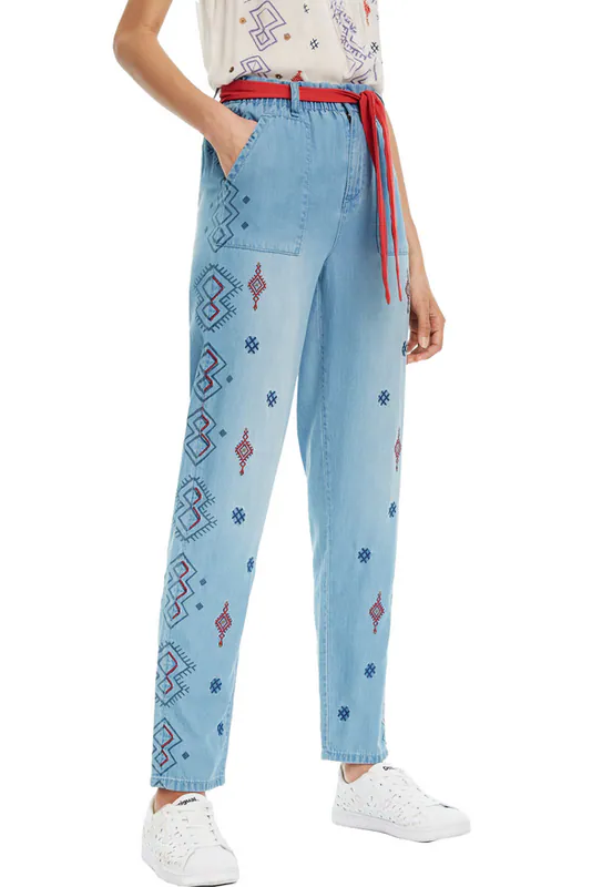 Desigual Women's Pants Jeans Pantaloni Embroidered Belted Size UK 8 19SWDD48