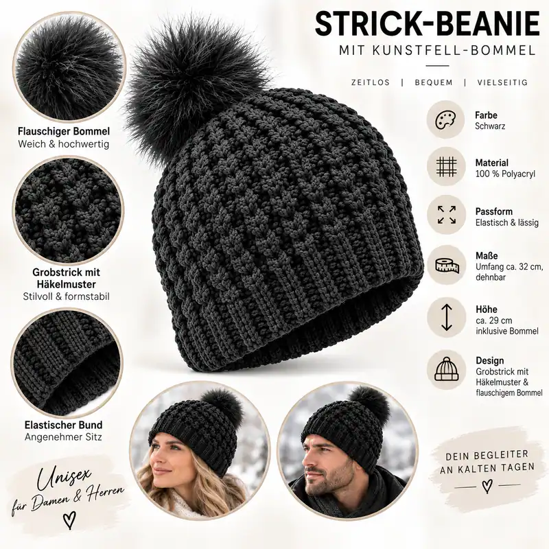 Strickmütze Beanie Mütze mit Bommel Grobstrick Wintermütze Damen Herren Schwarz