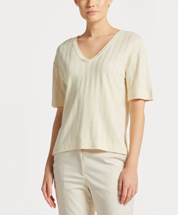 GANT Damen Top Strick Leinen Viskose Mix Ecru V-Ausschnitt Gr. M 4201408