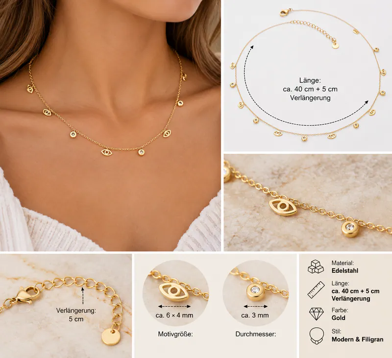 Edelstahl Halskette Evil Eye Auge Nazar schlichte Kette Strass Goldfarben Damen