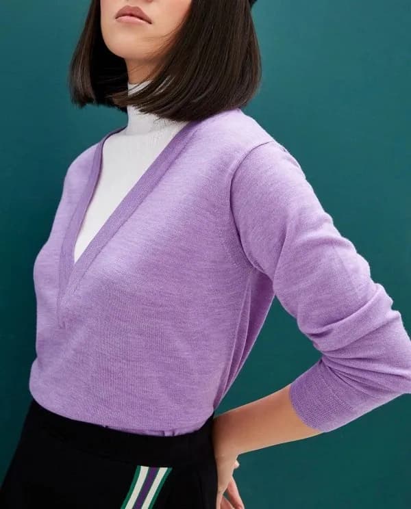 Sandro Paris Damenpullover 100 % Wolle Lila Strickpullover mit hohem Größe 2 M