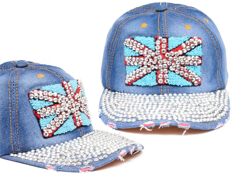 Damen Basecap Snapback Cap Jeans Optik Strass Glitzer England-Flagge Baseball