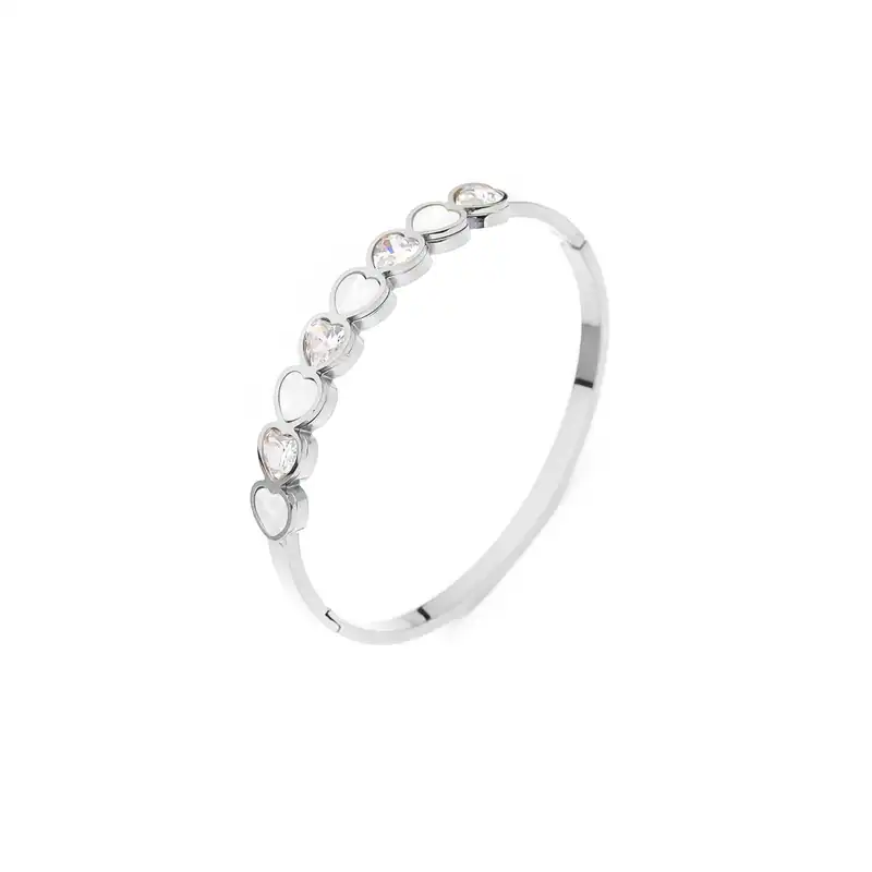 Edelstahl Armreif Herz Design Perlmutt-Optik Silberfarben Damen Armband Geschenk