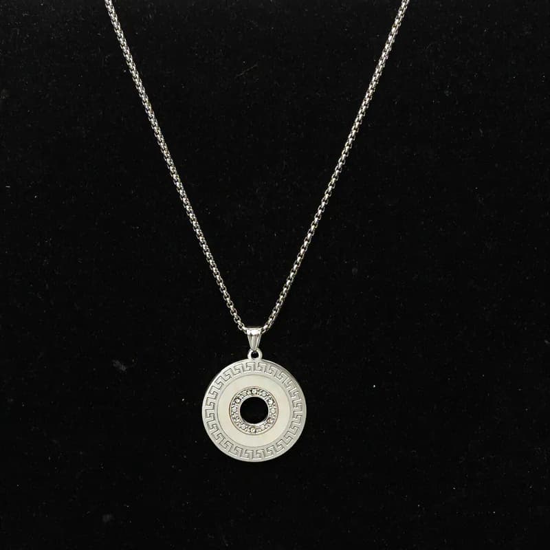 Edelstahl Halskette mit rundem Anhänger Ornament Damen Herren Kette Silberfarben