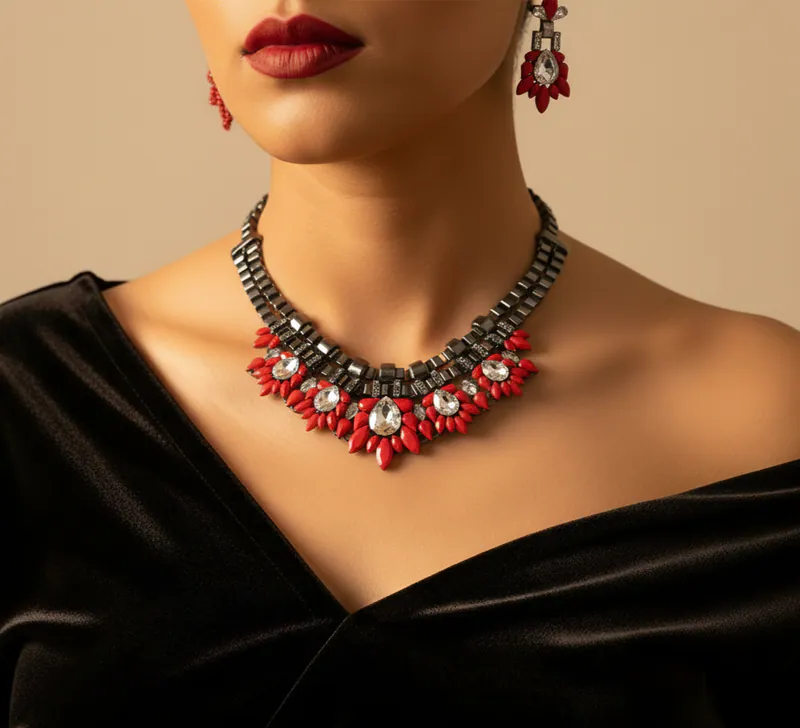 Statement Kette XXL Halskette Designer Kette Statement Rot Strass Gliederkette