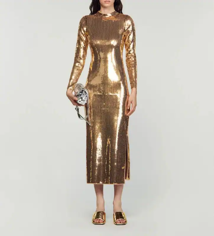 Sandro Paris Damenkleid Größe 34 / XS Goldfarbenes Paillettenkleid SFPRO03387