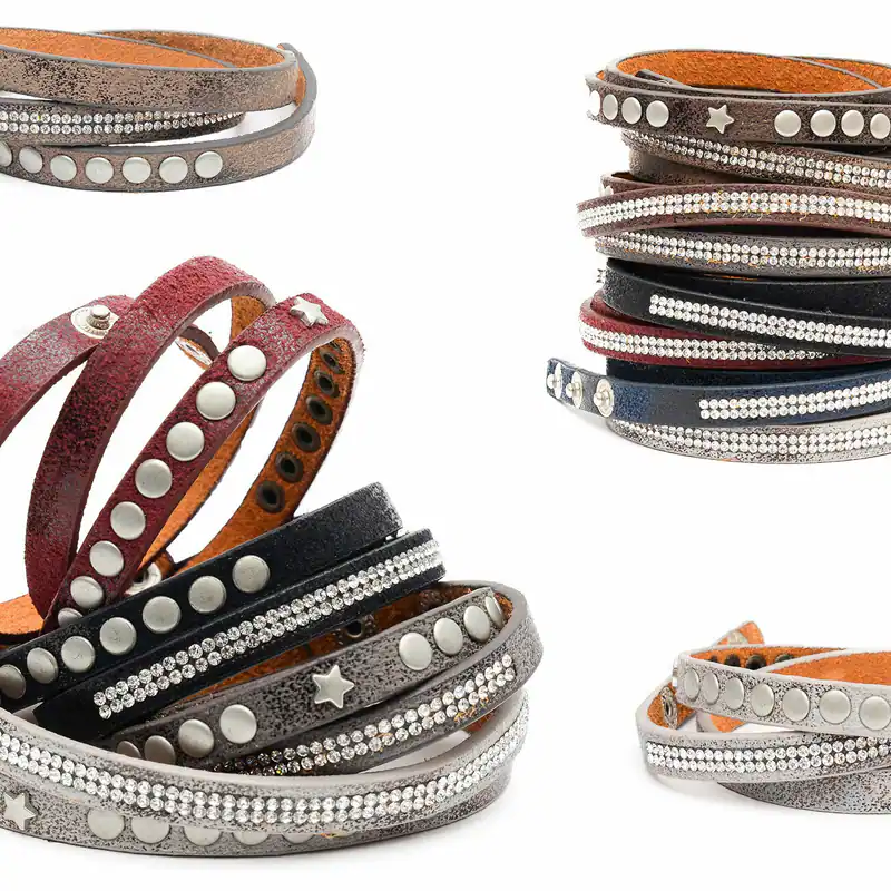 Mehrreihiges Wickelarmband Damen mit Strass Nieten Stern Kunstleder Armband