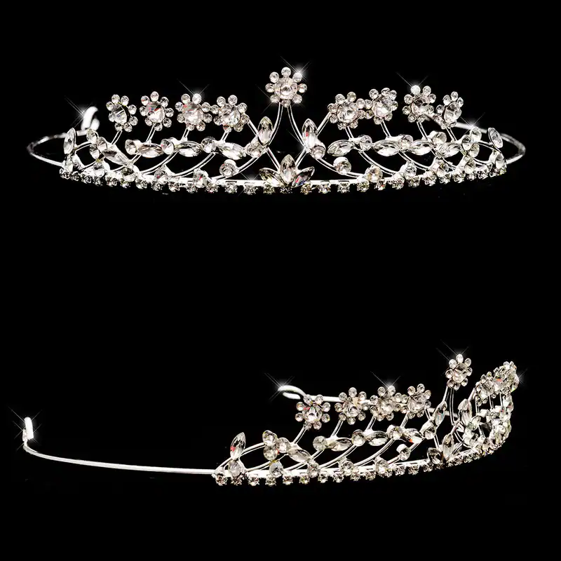 Diadem Edler Haarschmuck Braut Tiara Haarreif Blumen Muster Silberfarben Strass