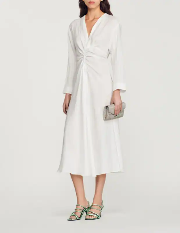 Sandro Paris Damen Kleid Weiß Langarm V-Ausschnitt Gr 1 36 S Luxus