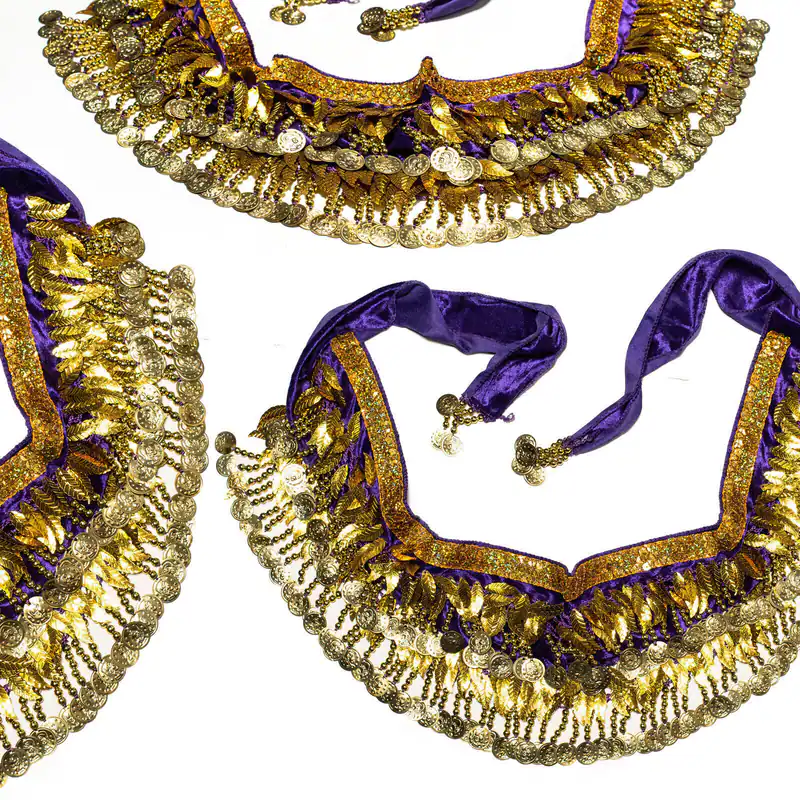 Bauchtanz Hüfttuch Lila Goldfarbene Münzen Bellydance Münzgürtel Karneval Samt