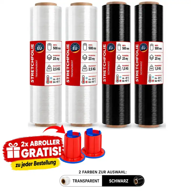 4 Rollen Stretchfolie Schwarz Transparent Palettenfolie 500mm 23my 1,5kg / 2,5kg