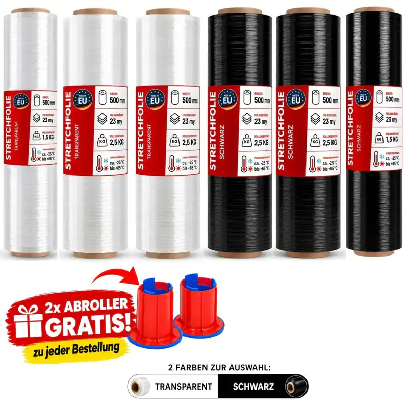 3 Rollen Stretchfolie Schwarz Transparent Palettenfolie 500mm 23my 1,5kg / 2,5kg