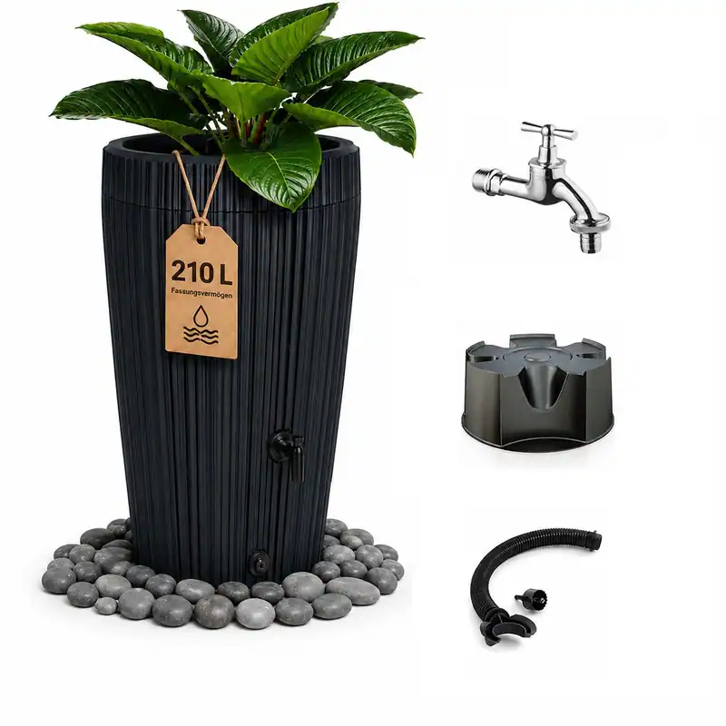Regentonne 210L Anthrazit Regenfass Wasserfass mit Pflanzschale Wasserhahn Set
