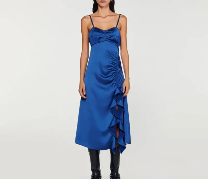 Sandro Kleid Blau Gr. 36 FR / S Damen Satin Midikleid SFPRO03135