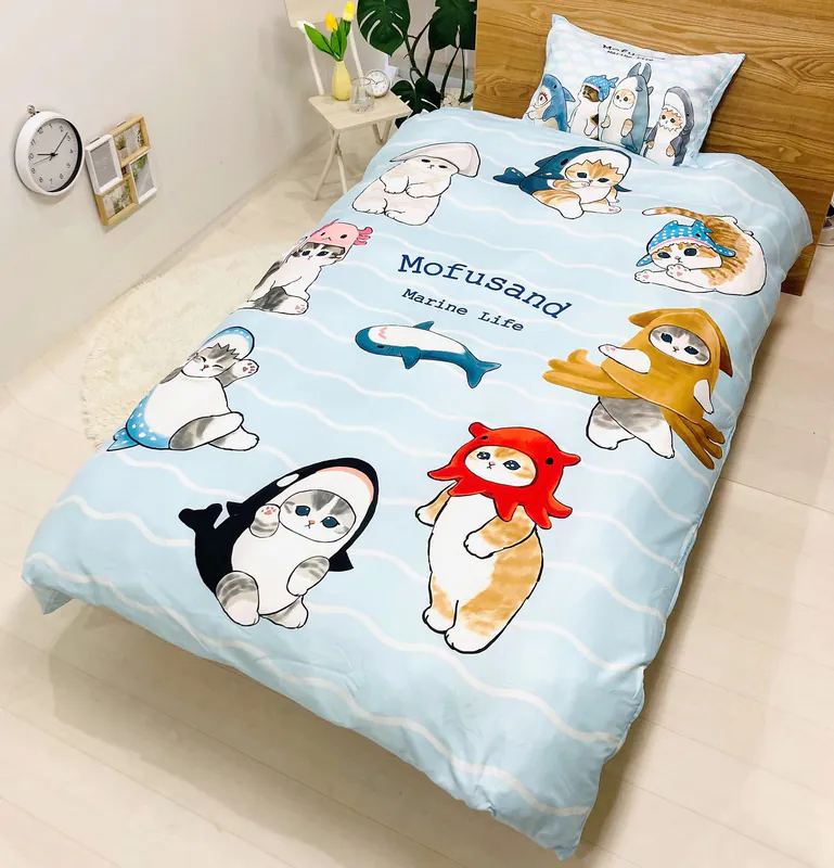 mofusand Bettwäscheset - mofusand Hai Katze Bettbezug & Kissenbezug, Einzeln,
