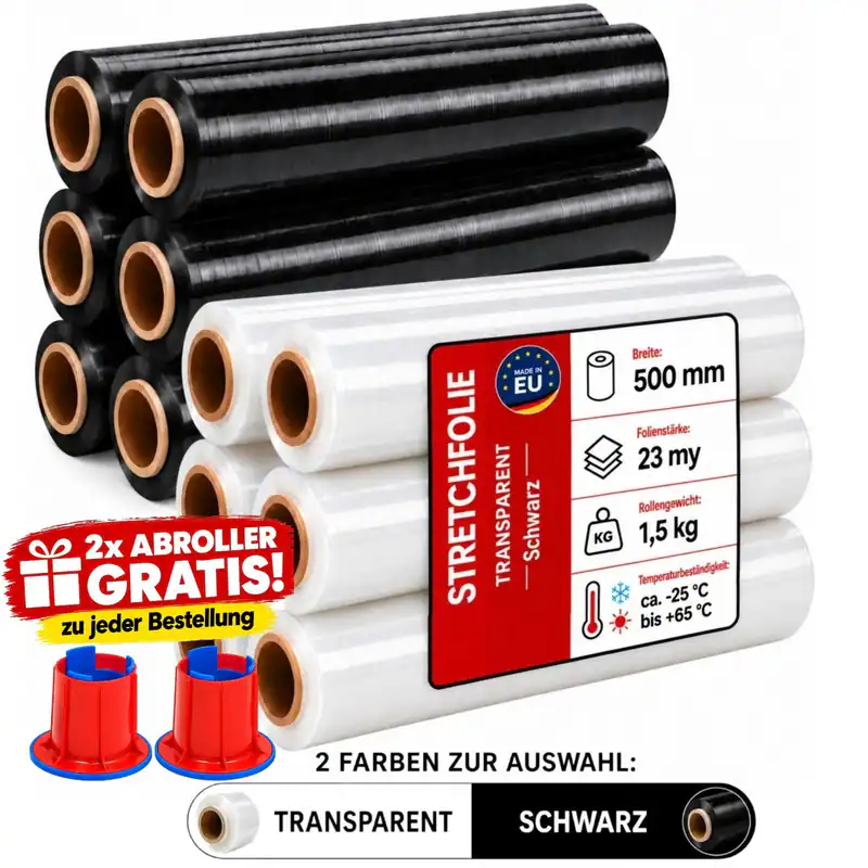 1,5 kg Stretchfolie Schwarz Transparent Palettenfolie Wickelfolie 500mm 23my