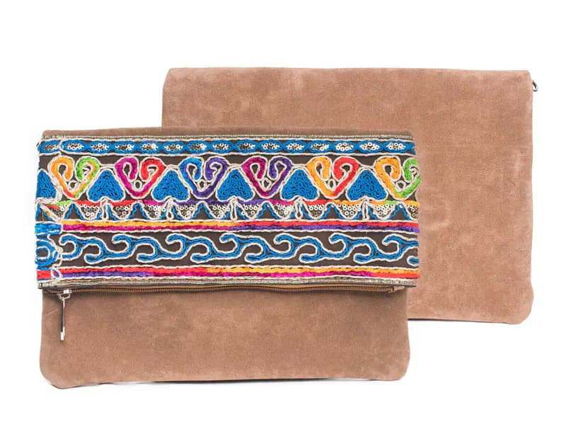 Damen Tasche Boho Ethno Bunt Stickerei Clutch Umhängetasche Braun Schultertasche