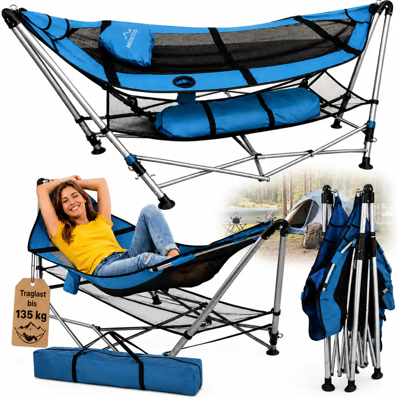 Hängematte mit Gestell Camping Klappbar bis 135 kg – Gartenhängematte Tragbar