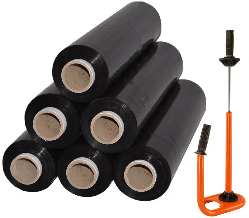 6x Rollen Stretchfolie Palettenfolie 23 my 2,5 kg Schwarz + Abroller Orange