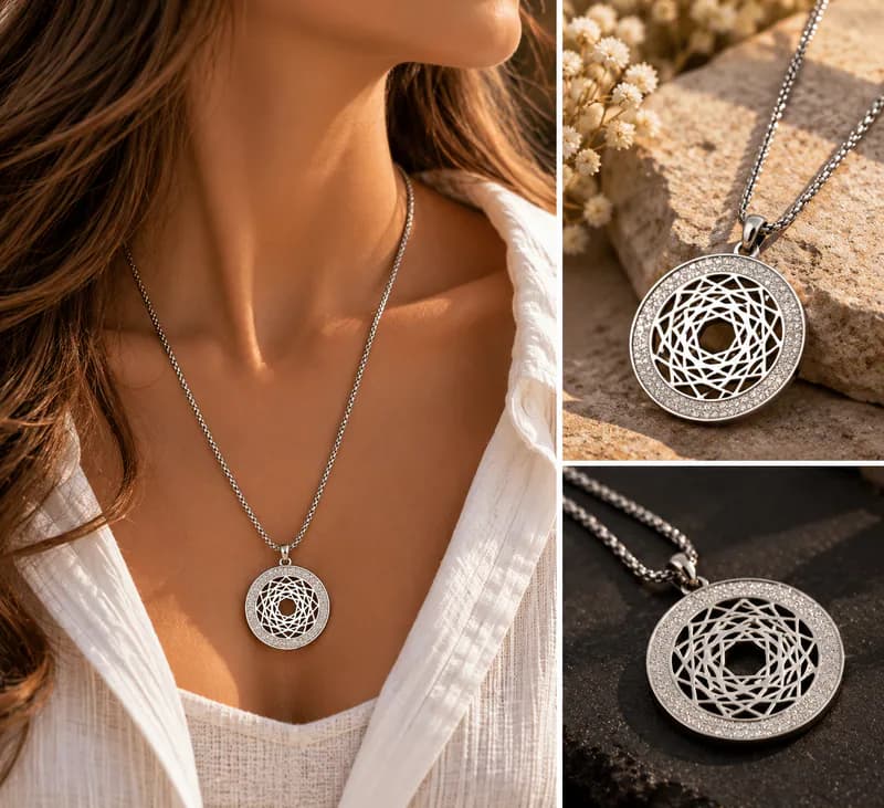 Edelstahl Halskette Silberfarben Mandala Anhänger Glitzerrand Kette Spirituell