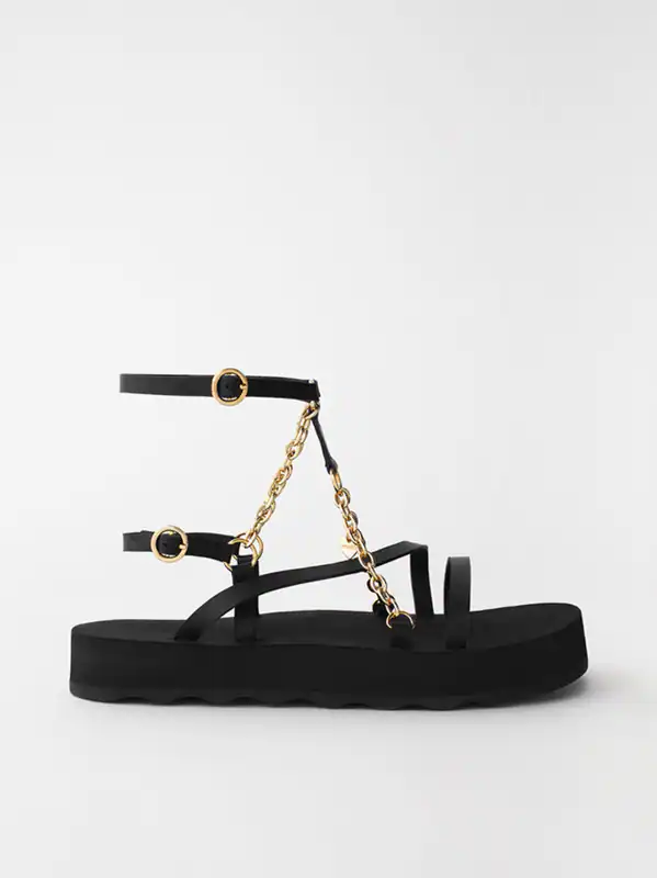 Maje Sandalen Schwarz Leder Kette Gr. 38 Damen Riemchensandalen Flach MFACH00395