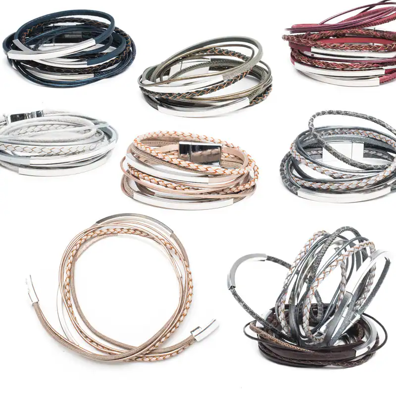 Wickelarmband Damen Armband Magnetverschluss 5 Stränge Flechtriemen Kunstleder