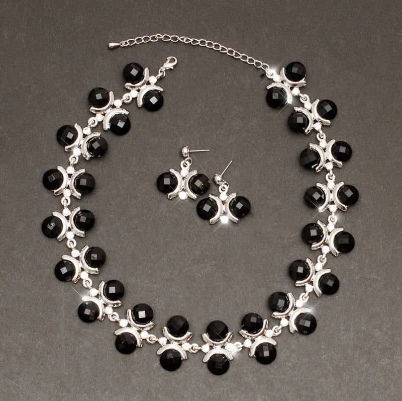 Schmuckset schwarze Steine Halskette Collier Ohrringe Edles Design Strasssteine