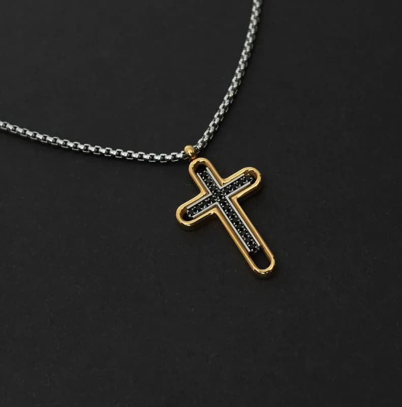 Edelstahl Halskette Kreuz Anhänger Strass Goldfarben Kreuzkette Damen Herren