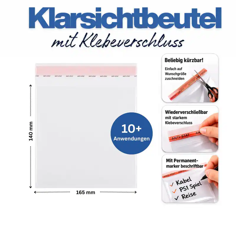 Schutzhülle Beutel PS1 Cellophan 16,5x14 cm Schutztüte Klebeverschluss,800 Stk.