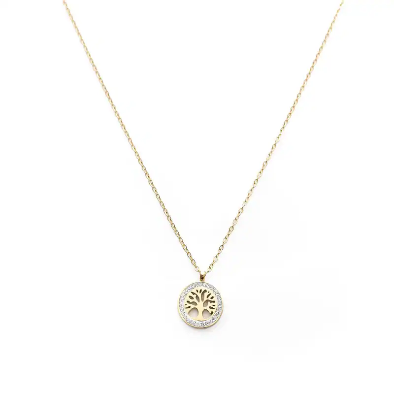 Edelstahl Halskette mit Lebensbaum Anhänger Strass Tree of Life Kette Goldfarben