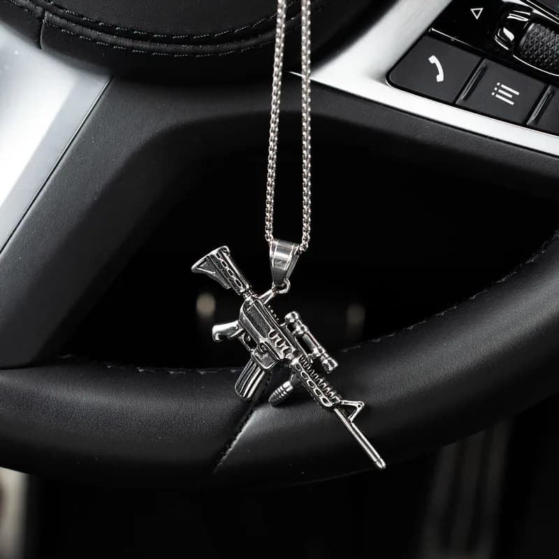 Edelstahl Halskette Herren Armee Gewehr Waffe Anhänger silberfarben Biker Kette