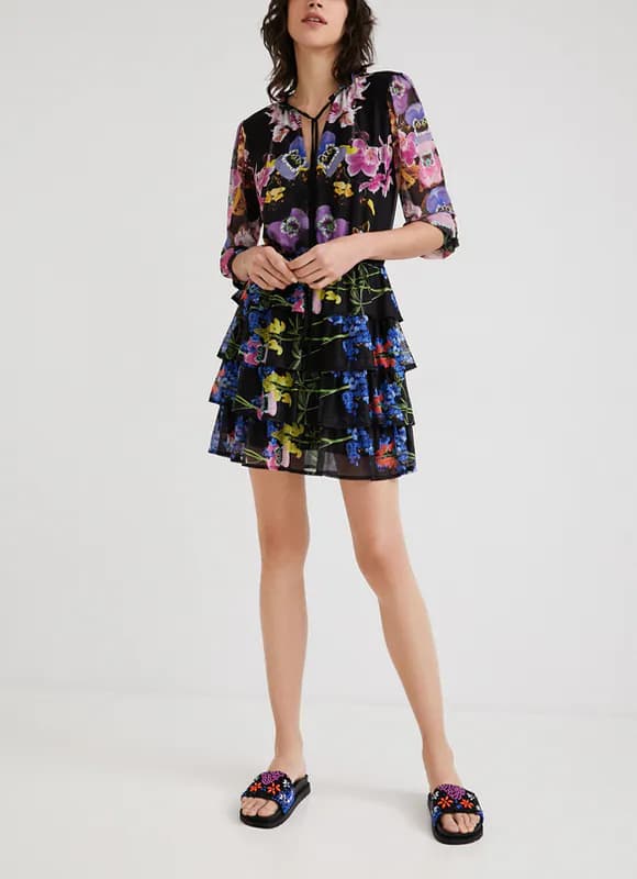 Desigual Damen Kleid Fit & Flare Floral Volants Gr.M 22SWVK46