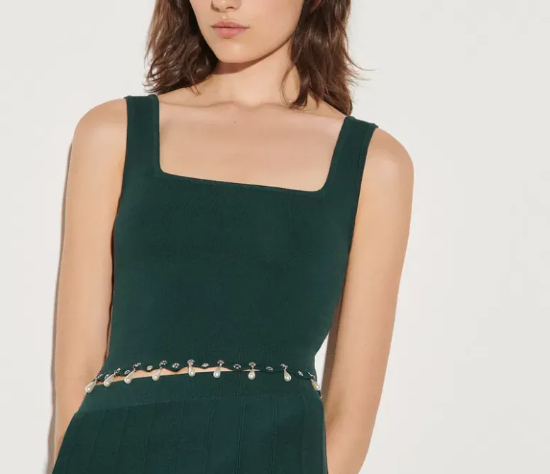 Sandro Paris Women's Green Knit Tassels Crop Top Size 3 L 12 SFPPU00756