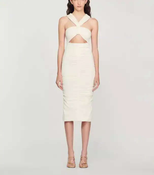 Sandro Damen Strickkleid Midi Cut-Out Ecru Elegant Business Stil Gr. 42