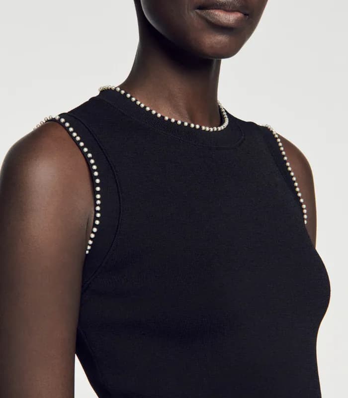 Sandro Top Schwarz Gr. 38 Damen Stricktop Cropped Perlen Strass SFPPU02232