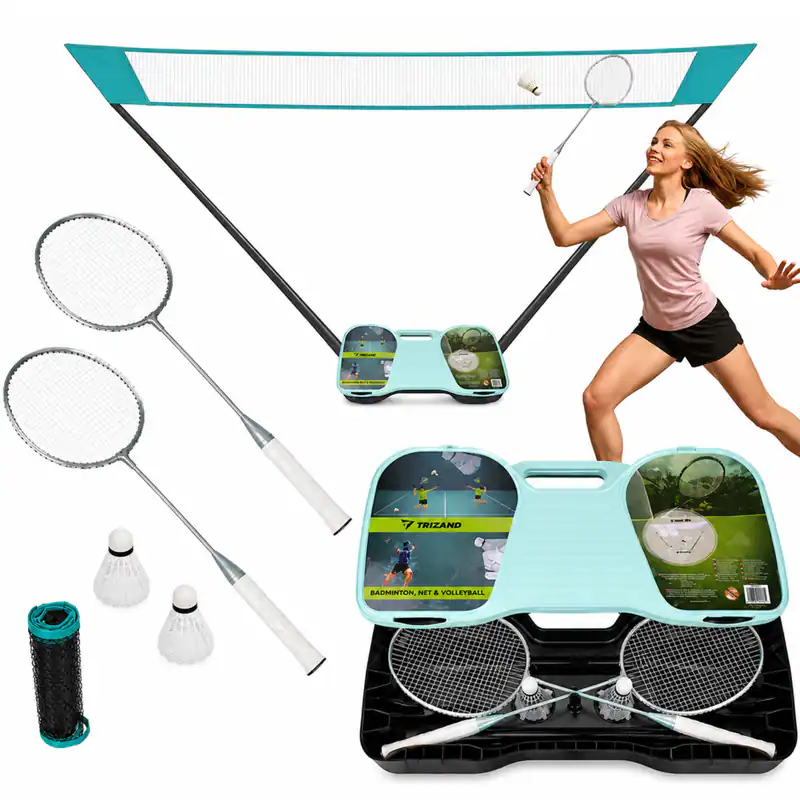 Trizand Federball Set 4in1 / Badminton Set mit Netz Tragbares Badminton Komplett