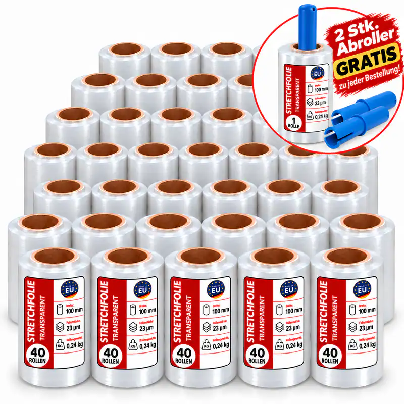 40 Rollen Stretchfolie Mini RAP 100mm 23my Transparent + Abroller gratis