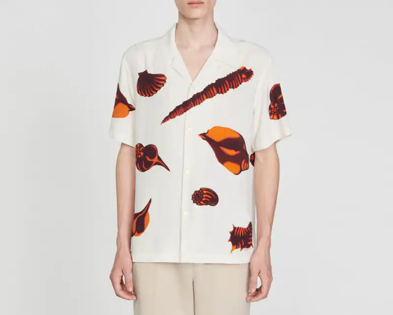 Sandro Herren Hemd Ecru Muschel Print Viskose Gr. XS SHPCM01047