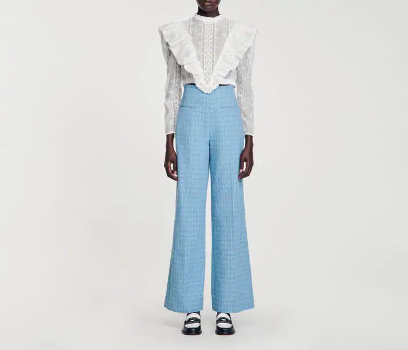 Sandro Paris Hose SFPPA01377 Blau Tweed Gr. 34 XS Damen Wide Leg Weites Bein