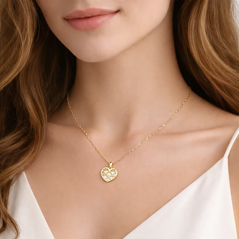 Edelstahl Frauen Halskette mit Herz Cut-Out Perlmutt-Optik Goldfarben Geschenk