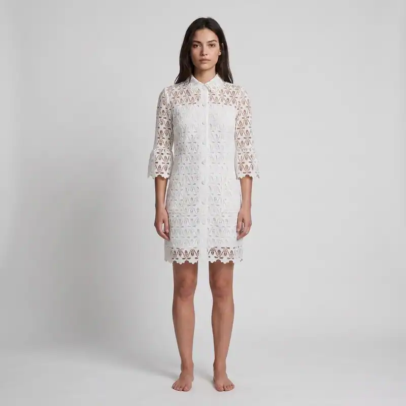 Sandro Damen Kleid Ecru Baumwolle Gr. 38 Hemdkleid Spitze Mini R20525E